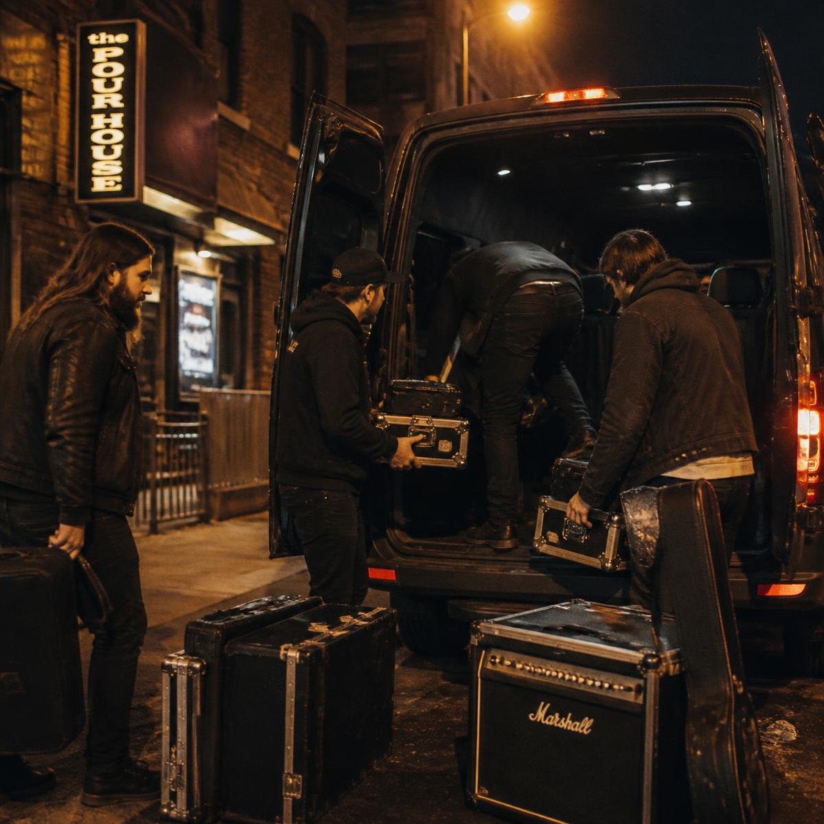 Band loading gear into a van at night outside a venue